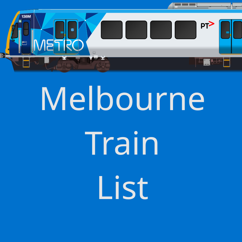 An image containing a side view of a train and the words Melbourne Train List